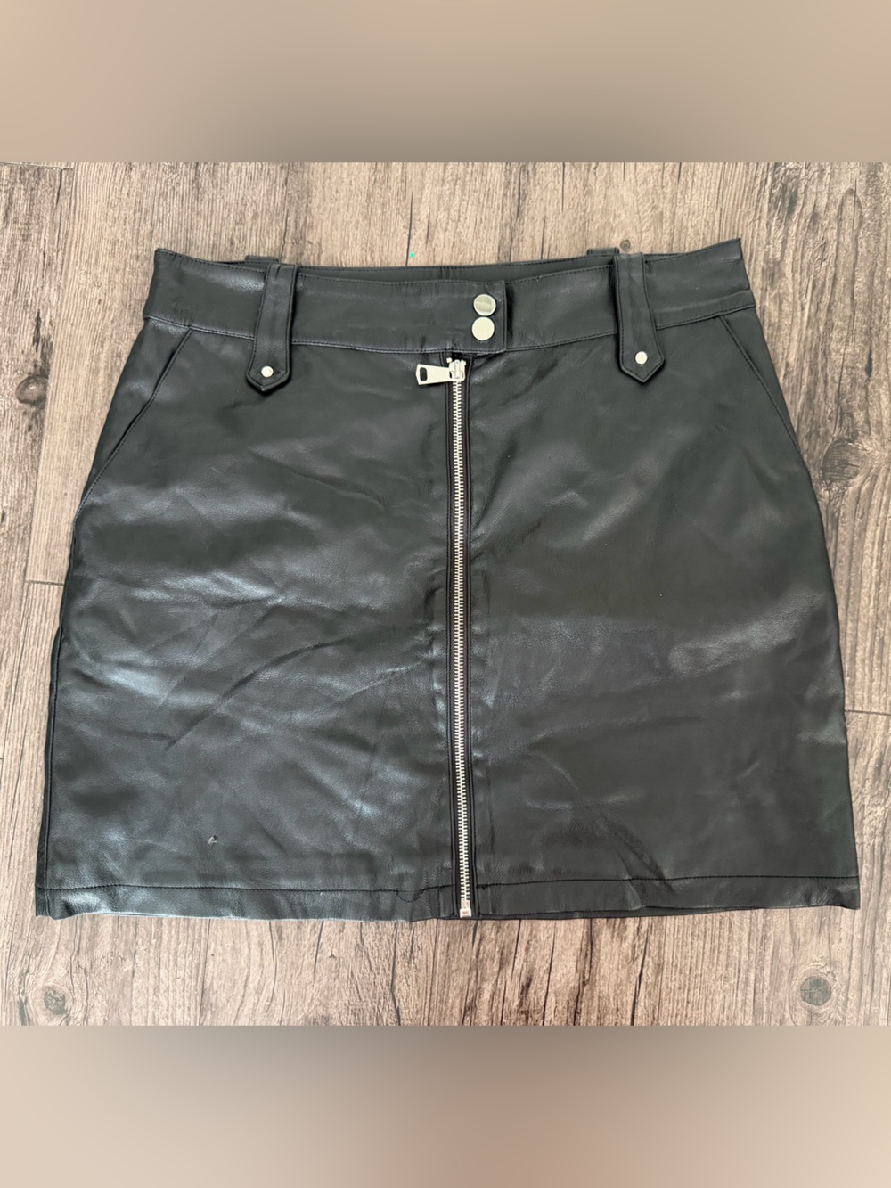 7 For All Mankind Black Faux Leather Front-Zip Mini Skirt